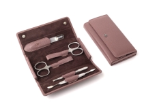 5-teiliges Manikürset in genarbten Rindlederetui Mauve mit Druckknöpfen