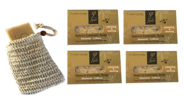 Fysio Olivenölseife Peelingseife Algen & Koffein mit Sislsäckchen 4x100 gr.