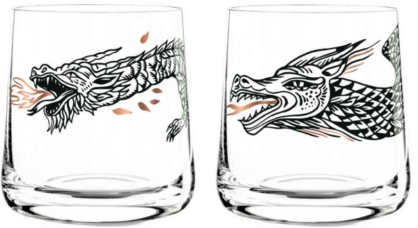 Ritzenhoff 2er Next WHISKY Whiskyglas von Olaf Hajek Drache + Lindwurm im Dekomiro Set mit Glasreinigungstuch 2020