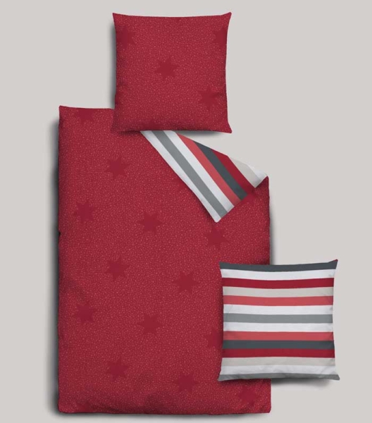 Dormisette Biber Bettwäsche 2-teilig Bettbezug 155 x 220 cm und Kopfkissenbezug 80 x 80 cm, Sterne rot gestreift