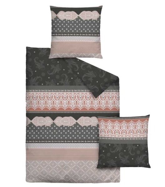 Dormisette Biber Bettwäsche 2-teilig Bettbezug 155 x 220 cm und Kopfkissenbezug 80 x 80 cm, Barok pastell grau